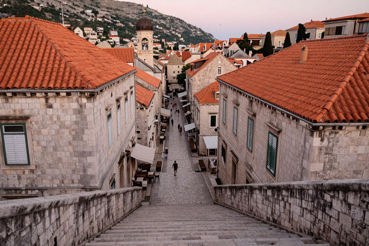 Dubrovnik Old Town stone steps and terracotta rooftops in copper dusk light in in Dubrovnik, Croatia