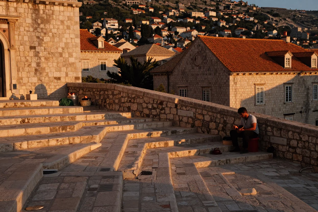 Dubrovnik Old Town Stone Steps Before Dusk with Teapot and Crowbar in in Dubrovnik, Croatia