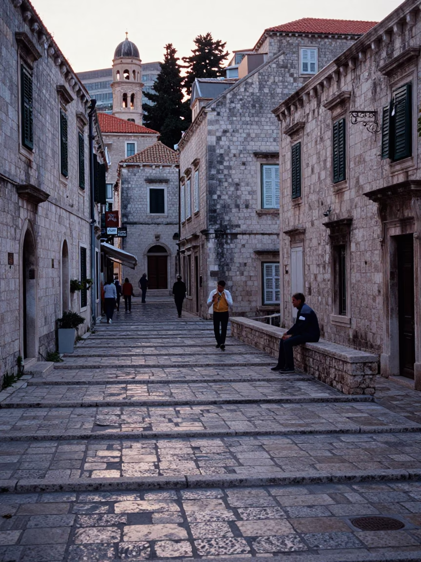 Dubrovnik Old Town Stone Steps Before Sunrise with Espresso Cup and Sketchbook in in Dubrovnik, Croatia