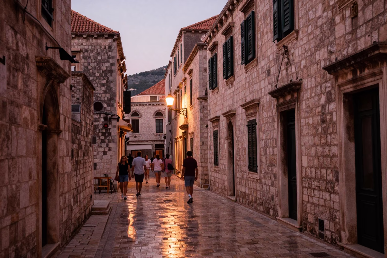 Dubrovnik Old Town Stone Street Before Dusk with Local Market Goods in in Dubrovnik, Croatia