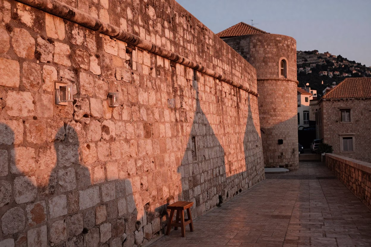 Dubrovnik Old Town Stone Wall with Glass Tumblers and Pickle Jar in Evening Light in in Dubrovnik, Croatia