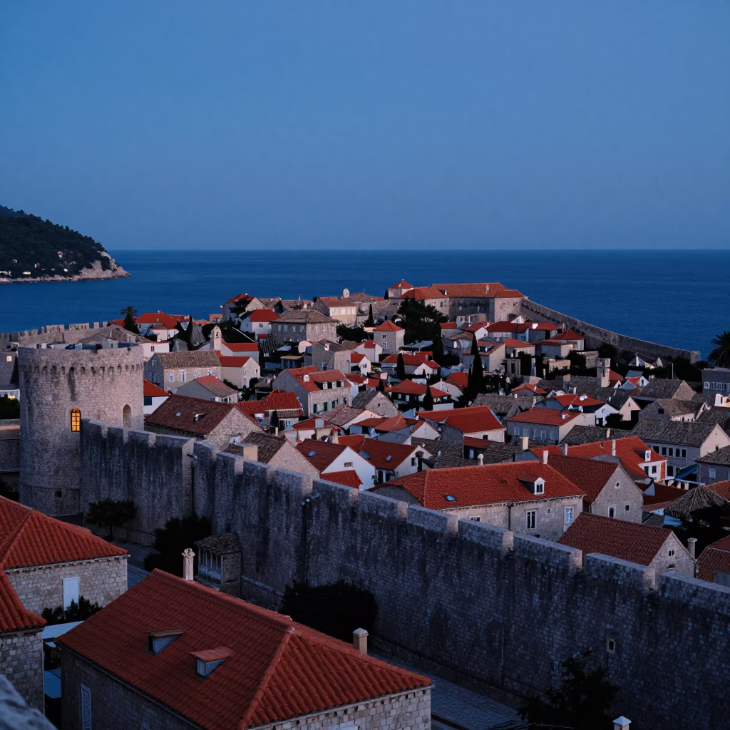 Dubrovnik Old Town Stone Walls And Adriatic Sea at Twilight in in Dubrovnik, Croatia