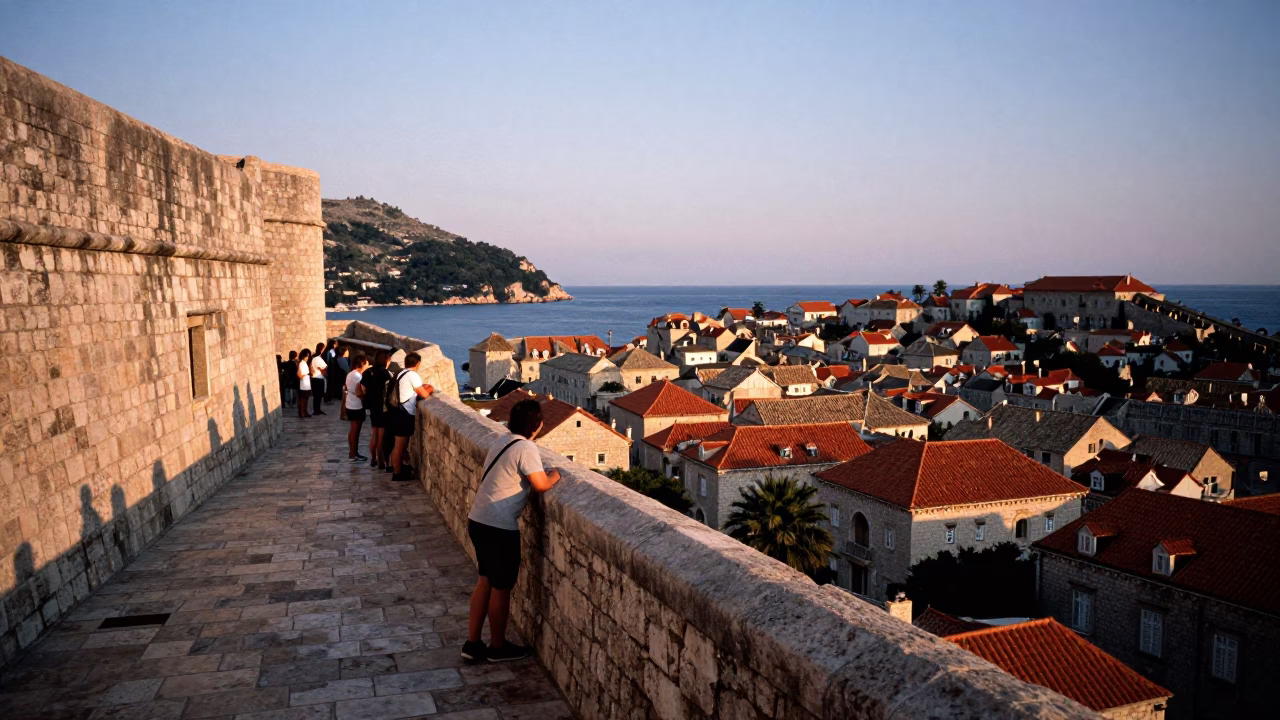 Dubrovnik Old Town stone walls at dusk with tourists and historic architecture in in Dubrovnik, Croatia
