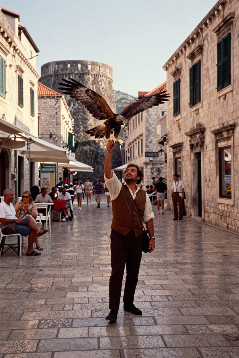 Dubrovnik Old Town street scene with falconer releasing hawk in evening light in in Dubrovnik, Croatia