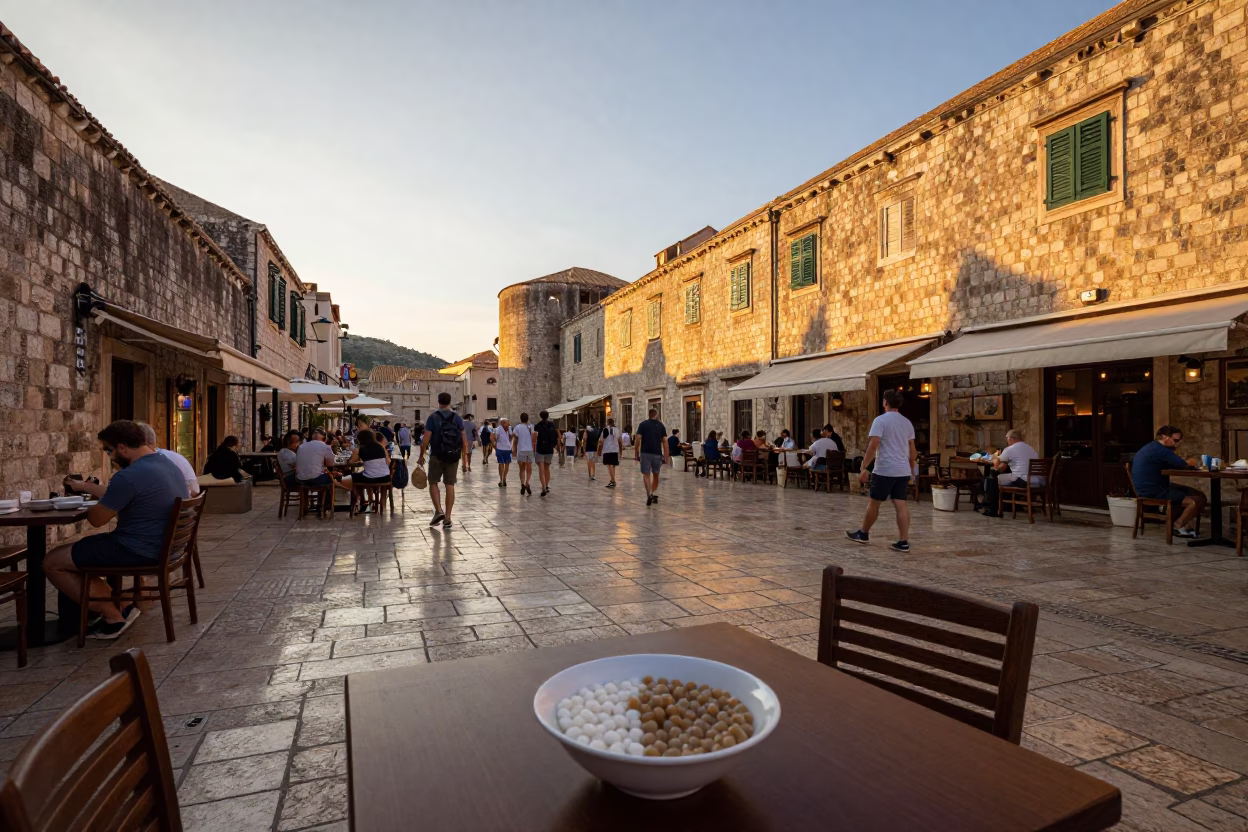 Dubrovnik Old Town Sunset Street Scene with Local Dining and Tourist Activity in in Dubrovnik, Croatia