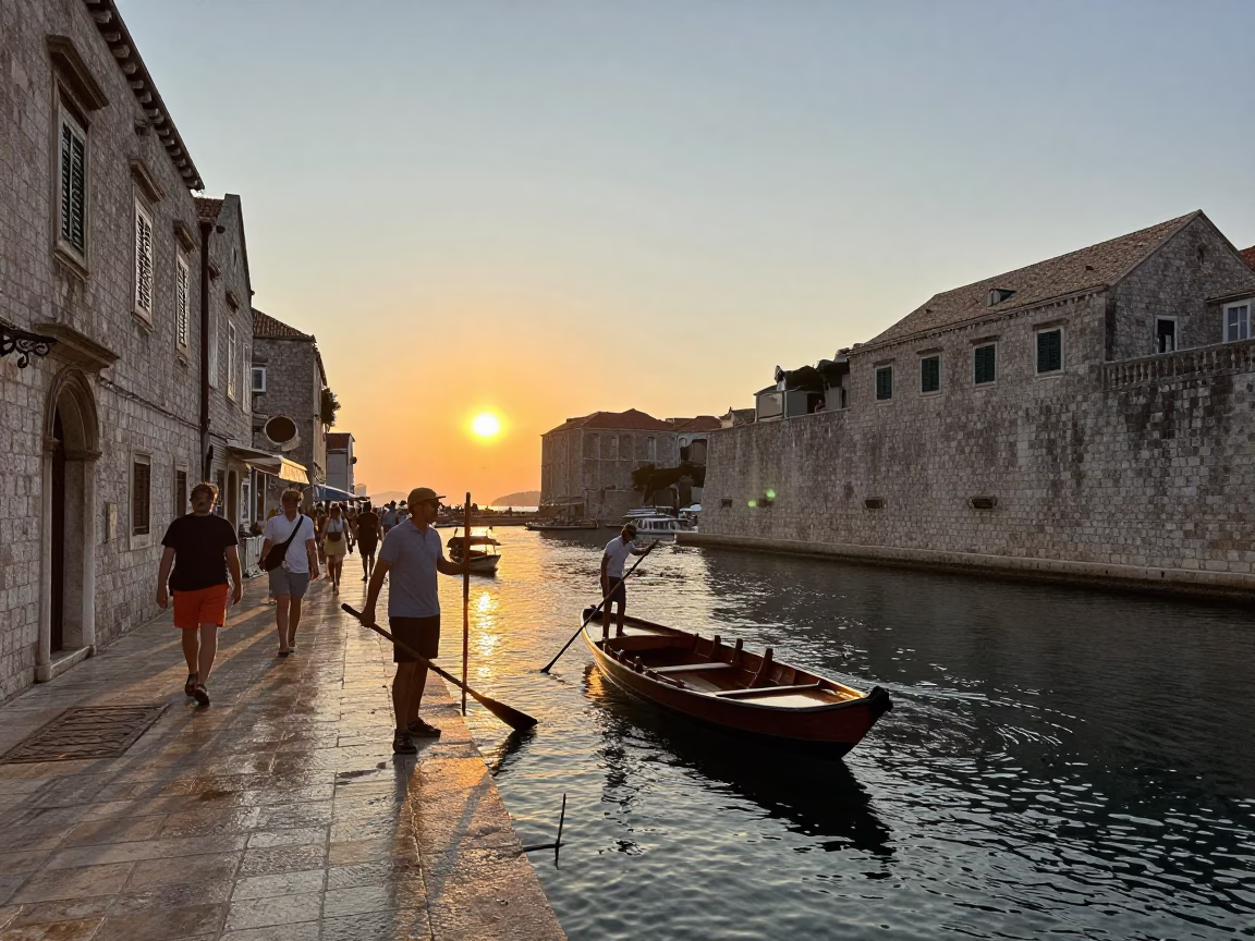 Dubrovnik Old Town Sunset Tourists and Guide Poling Punt Near City Walls in in Dubrovnik, Croatia