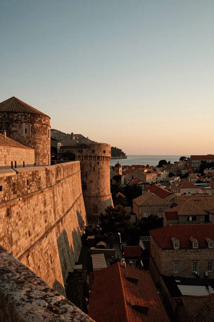 Dubrovnik Old Town Sunset View of Ancient Stone Walls and Adriatic Sea Horizon in in Dubrovnik, Croatia