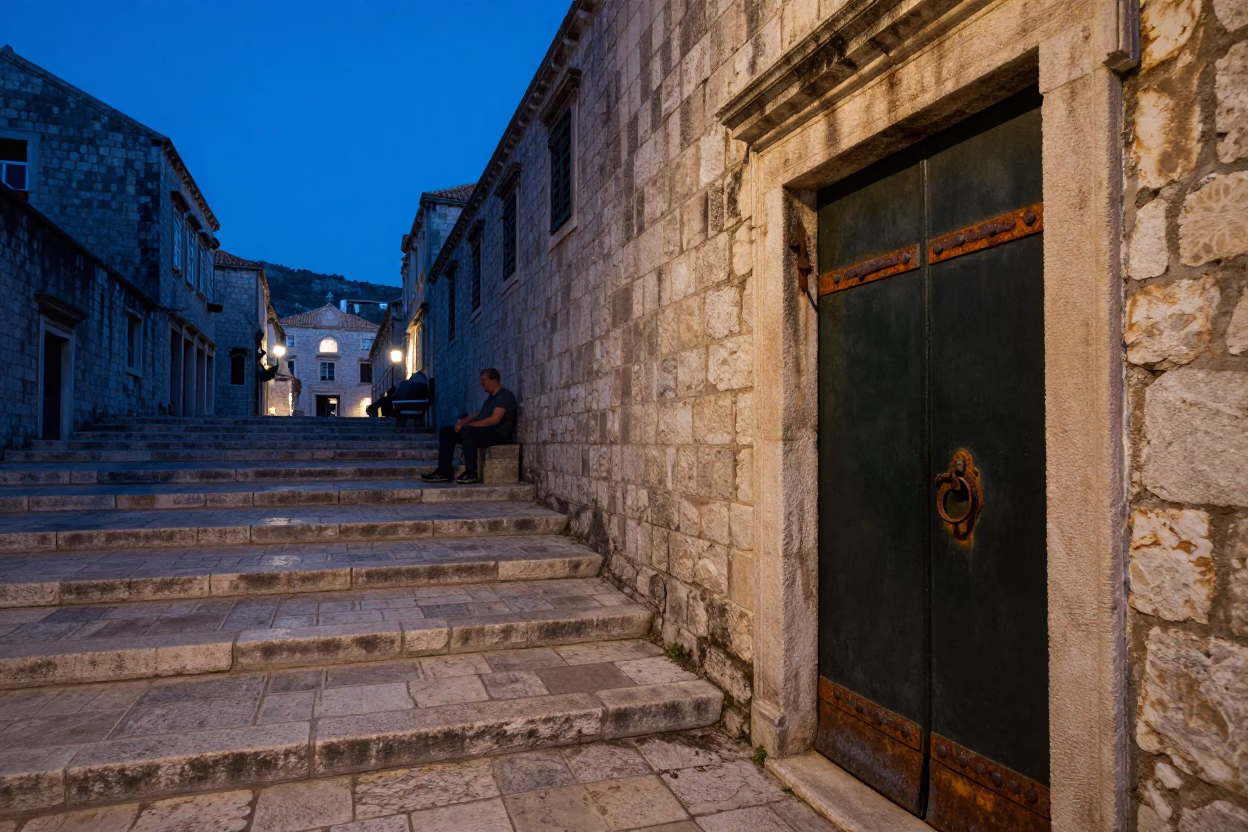 Dubrovnik Old Town Twilight Stone Steps and Rusty Hinge Details in in Dubrovnik, Croatia