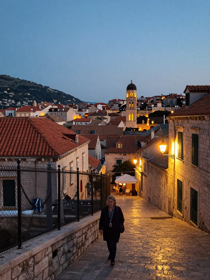 Dubrovnik Old Town Twilight Street Scene with Local Resident and Substation Fence in in Dubrovnik, Croatia