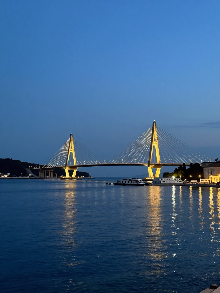 Dubrovnik Pre-Dawn Harbor View with Cable-Stayed Bridge Illumination in in Dubrovnik, Croatia