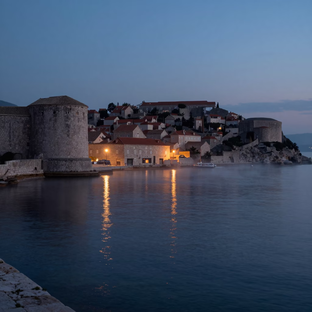 Dubrovnik Predawn Harbor Reflections and Misty Stone Walls in in Dubrovnik, Croatia