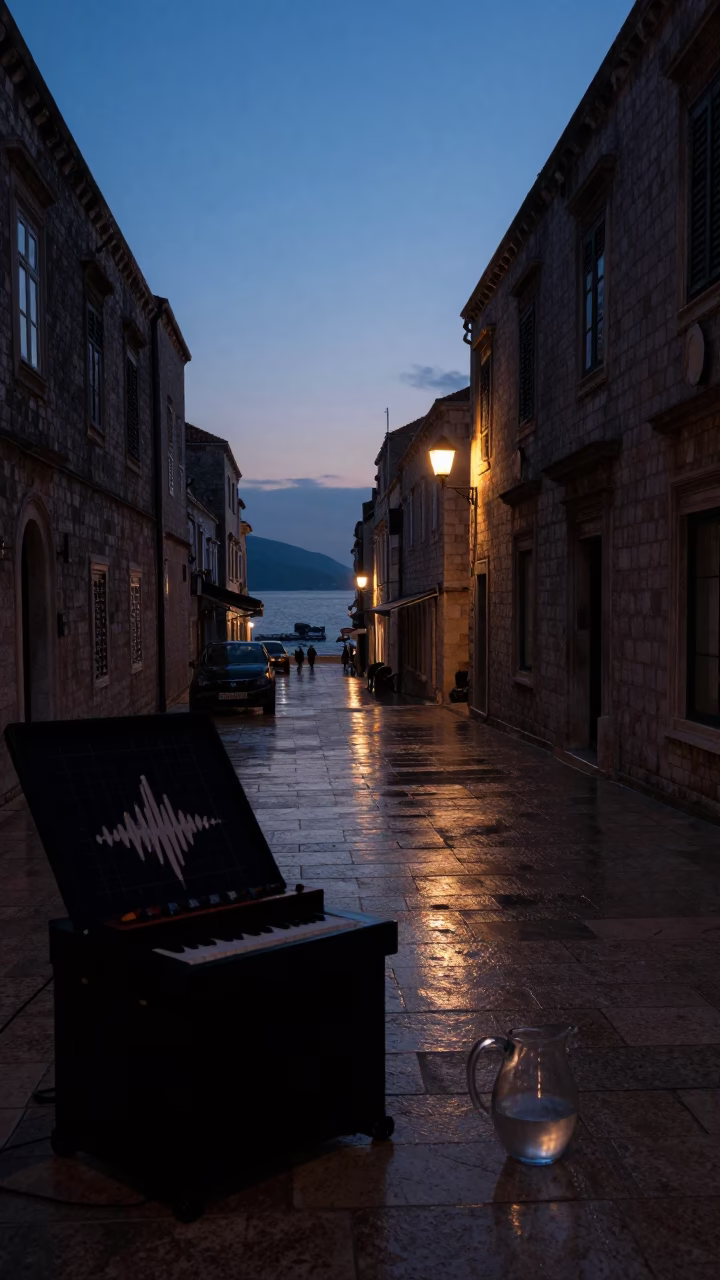 Dubrovnik Predawn Street Scene with Seismograph and Glass Pitcher in in Dubrovnik, Croatia