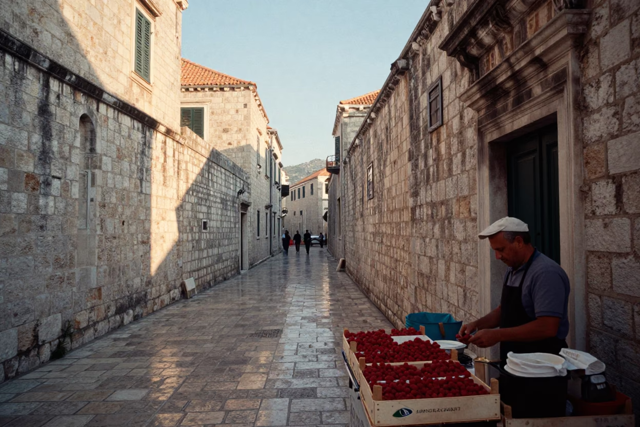 Dubrovnik Stone Alleyway at First Light Of Dawn in in Dubrovnik, Croatia