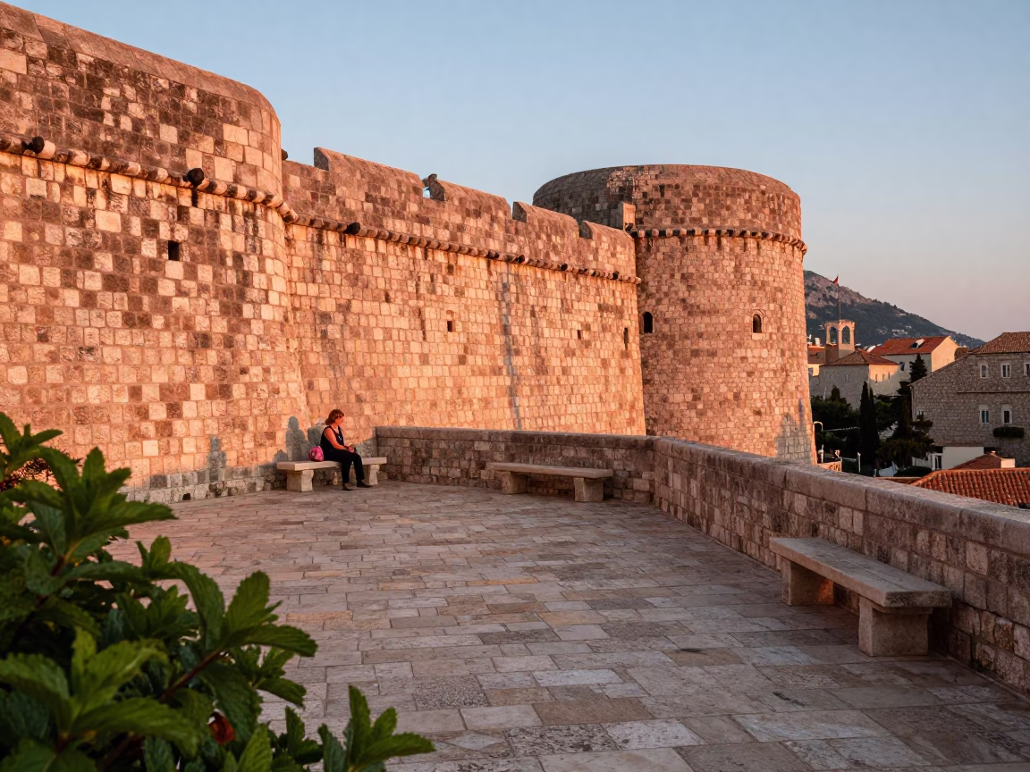 Dubrovnik Stone Terrace Before Dusk with Mint Leaves and Watering Bottle in in Dubrovnik, Croatia