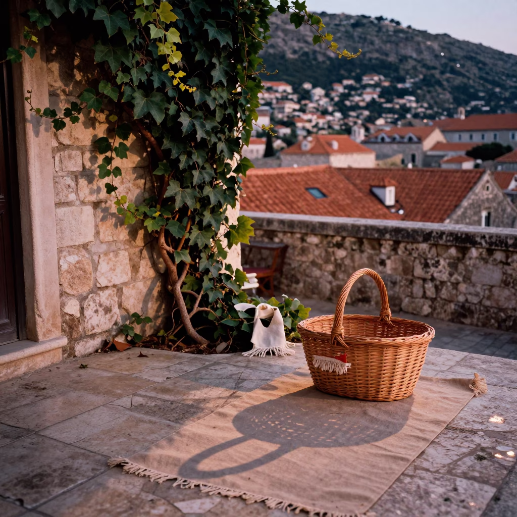 Dubrovnik Street Dinner Scene with Ivy and Wicker Shadow in Copper Light in in Dubrovnik, Croatia