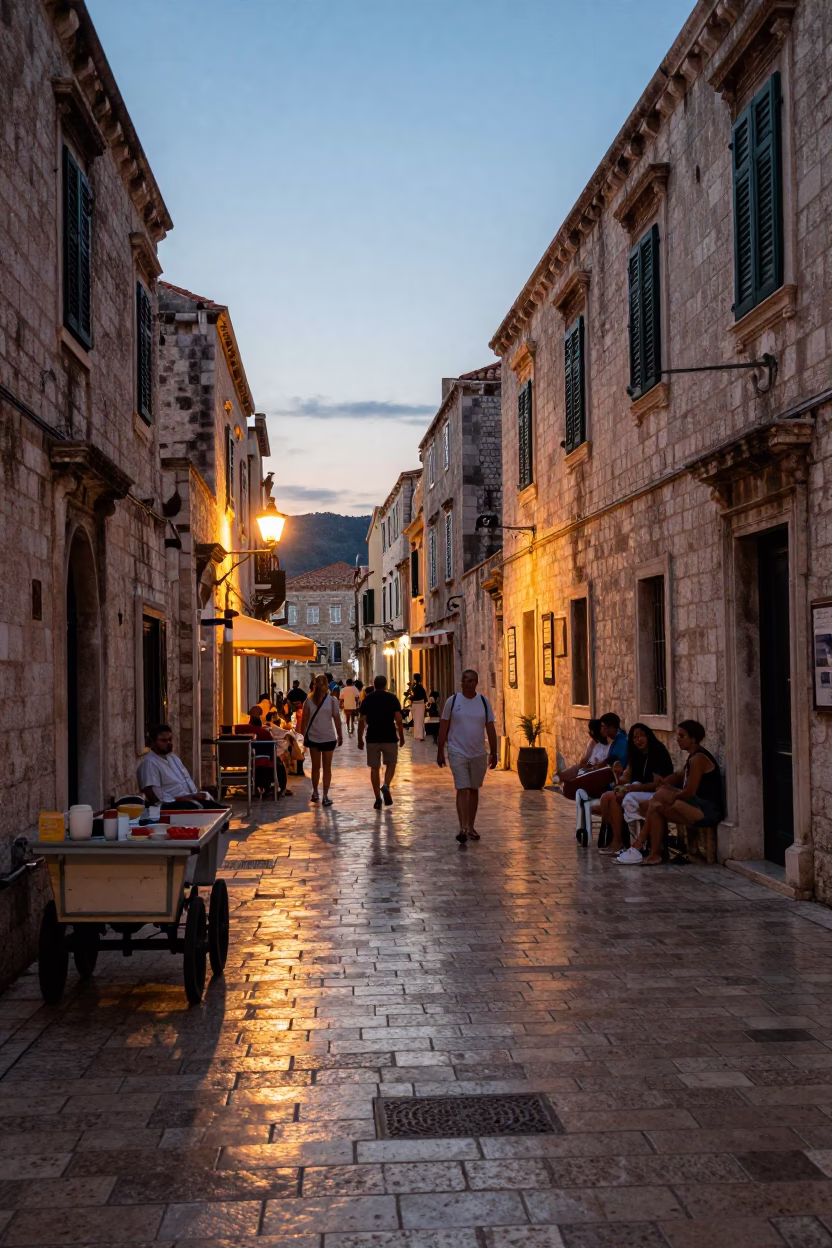 Dubrovnik Summer Evening Street Scene with Rolling Carts and Local Life in in Dubrovnik, Croatia