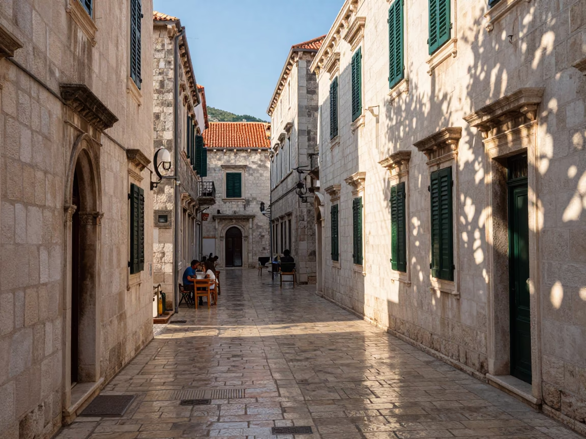 Dubrovnik Sunlit Alleyway at Clear Late-afternoon Light in in Dubrovnik, Croatia