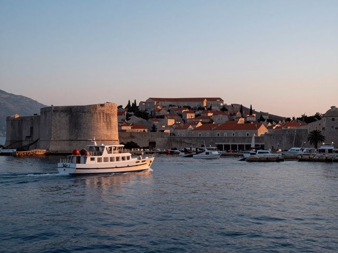 Dubrovnik Sunrise Before Dawn with Mail Boat Arrival and Coastal Harbor in in Dubrovnik, Croatia
