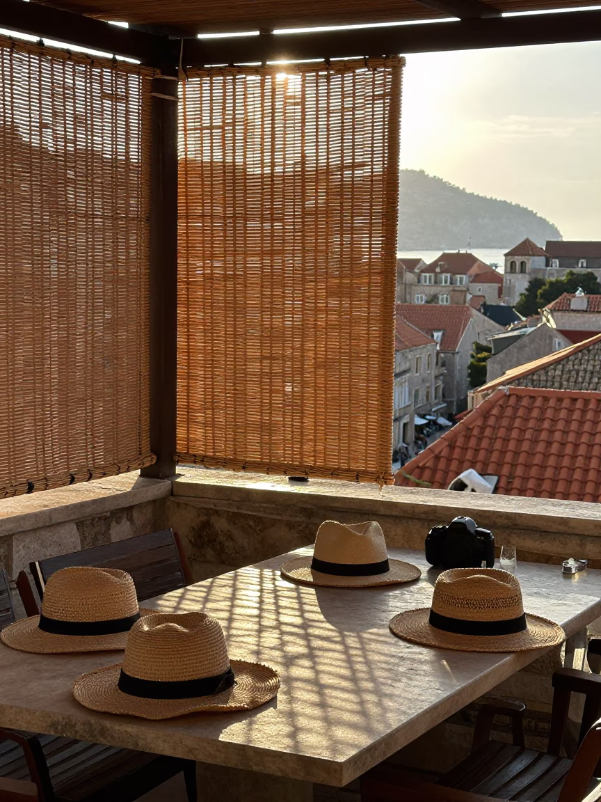 Dubrovnik Sunrise Street Scene with Woven Cane Light and Sun Hats in in Dubrovnik, Croatia