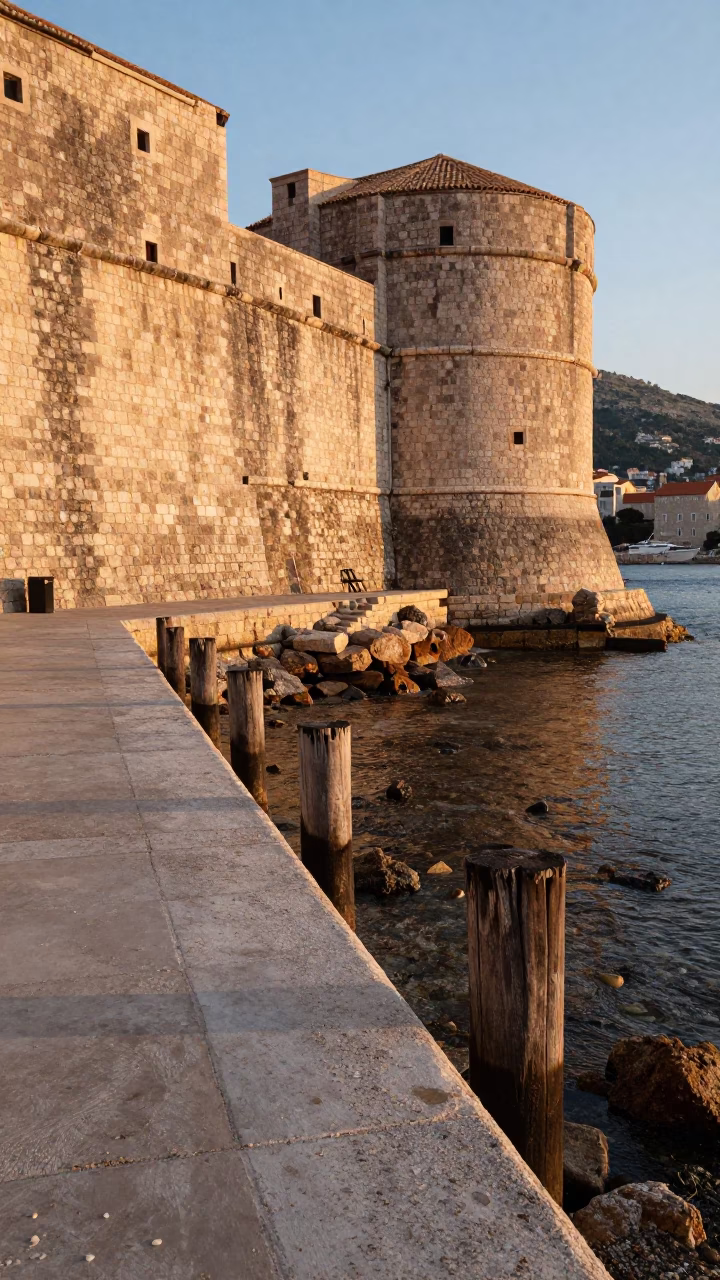 Dubrovnik Sunset Ferry Ramp Piling System Low Tide Stone Walls in in Dubrovnik, Croatia