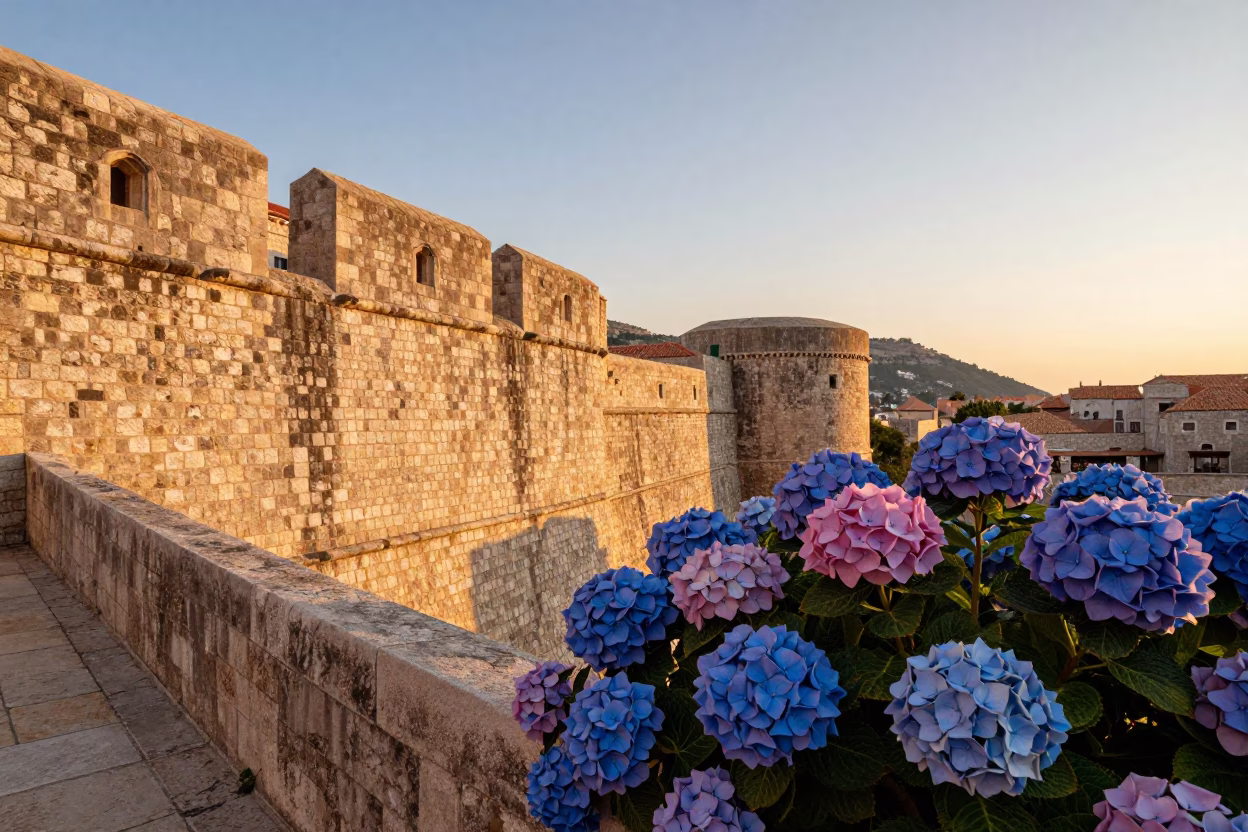 Dubrovnik Sunset Golden Hour Light on Historic Stone Walls and Hydrangea Bushes in in Dubrovnik, Croatia