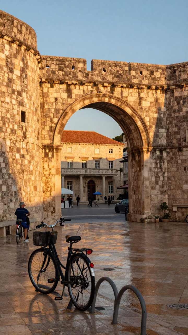 Dubrovnik Sunset Stone Archway with Bicycle Rack and Tourist Interaction in in Dubrovnik, Croatia