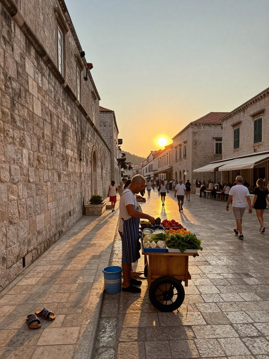 Dubrovnik Sunset Street Scene with Beaded Sandals and Local Life in in Dubrovnik, Croatia