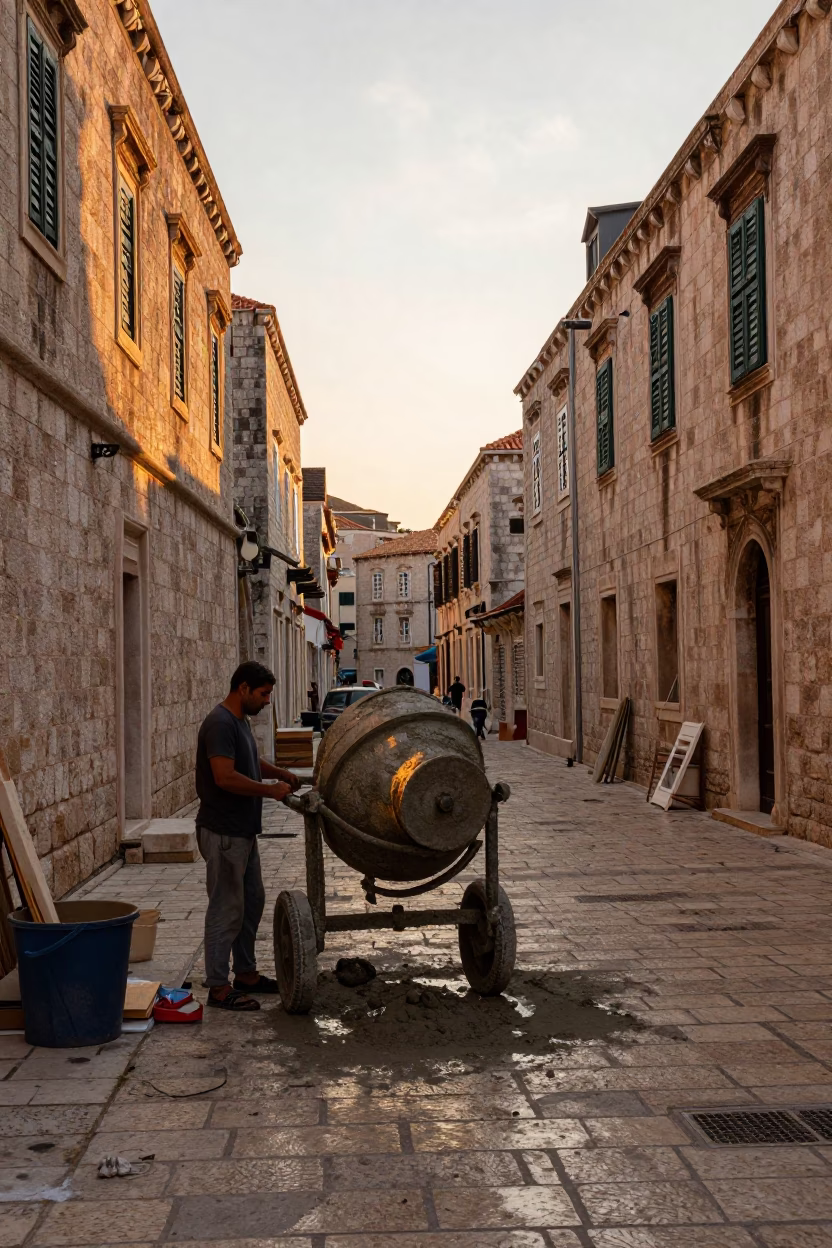 Dubrovnik Sunset Street Scene with Local Artisans and Construction Activity in in Dubrovnik, Croatia