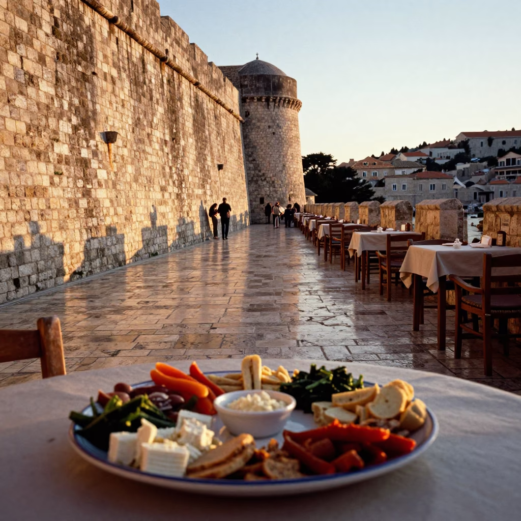 Dubrovnik Sunset Street Scene with Local Mezze Platter on Stone Table in in Dubrovnik, Croatia