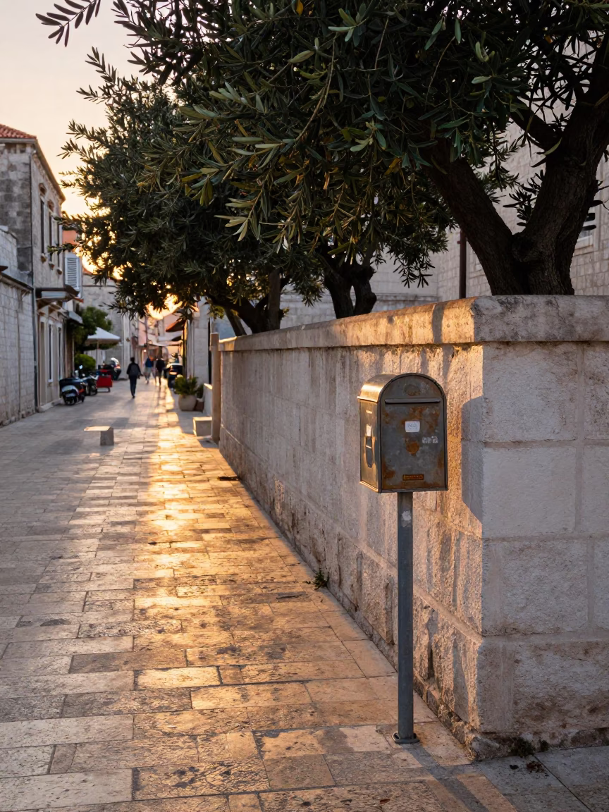 Dubrovnik Sunset Street Scene with Mailbox and Olive Trees in Croatia in in Dubrovnik, Croatia