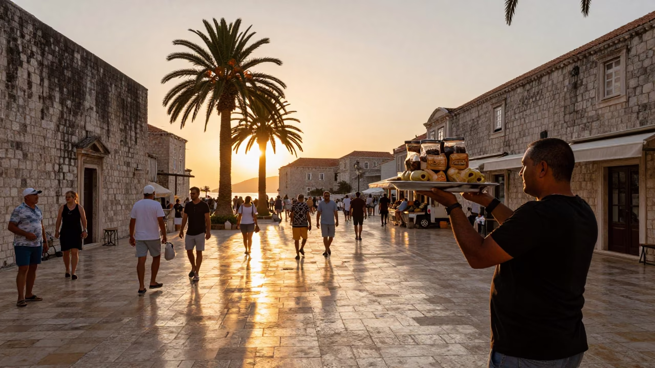 Dubrovnik Sunset Street Scene with Palmier Tray and Cargo Ship Horizon in in Dubrovnik, Croatia