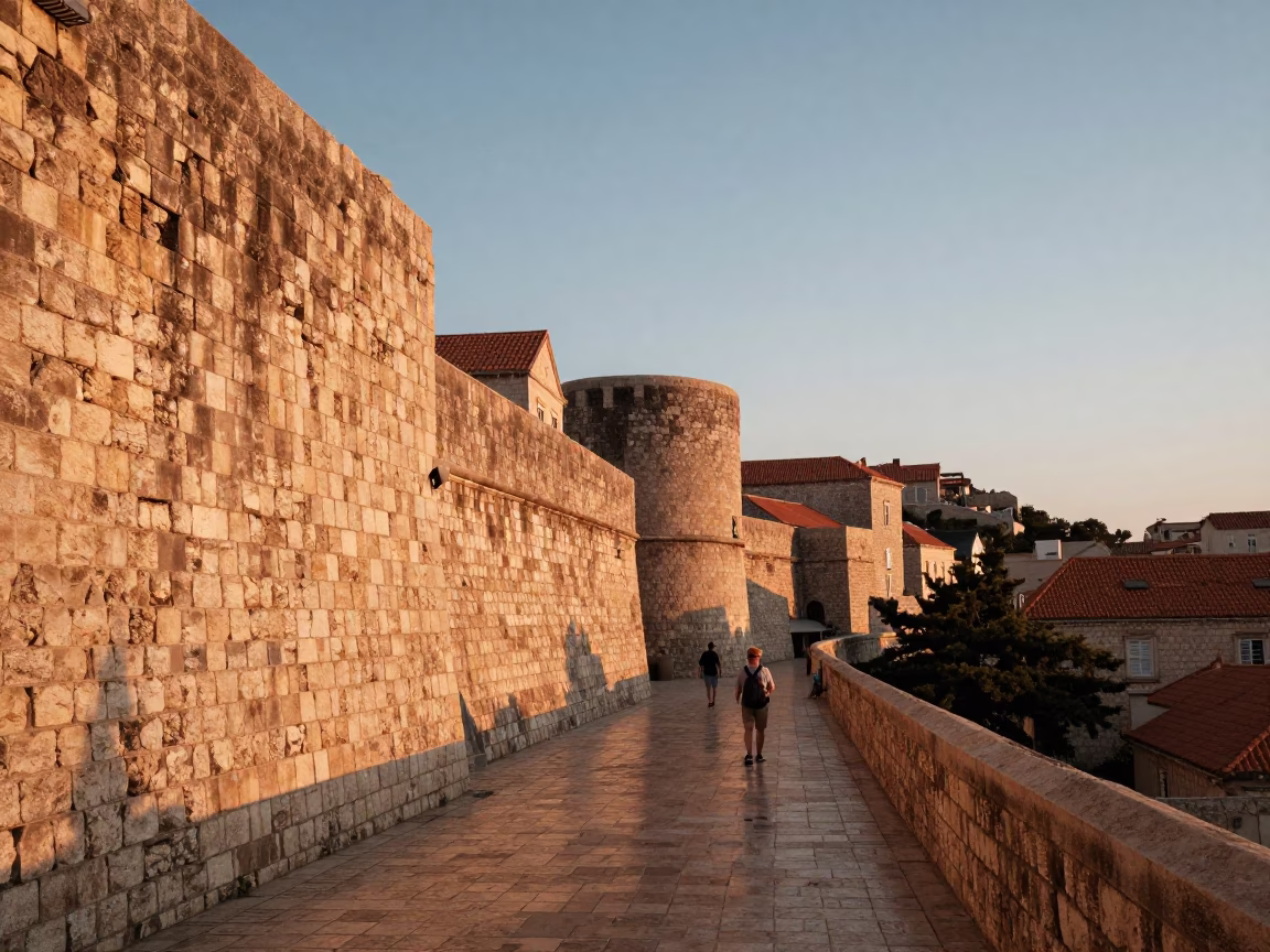 Dubrovnik Sunset Street Scene with Stone Walls and Local Vendor in in Dubrovnik, Croatia