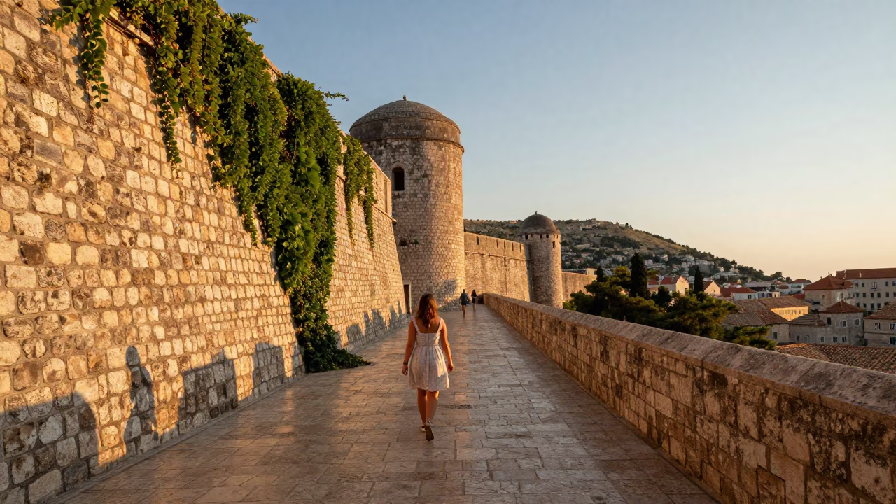 Dubrovnik Sunset Stroll Along Ancient Stone Walls with Ivy and Railings in in Dubrovnik, Croatia