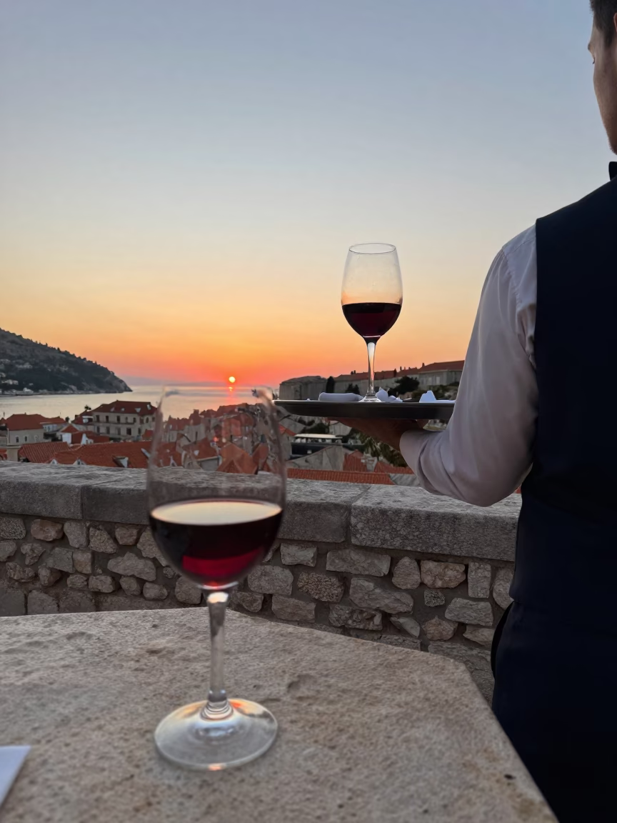 Dubrovnik sunset terrace scene with red wine and stone architecture in in Dubrovnik, Croatia