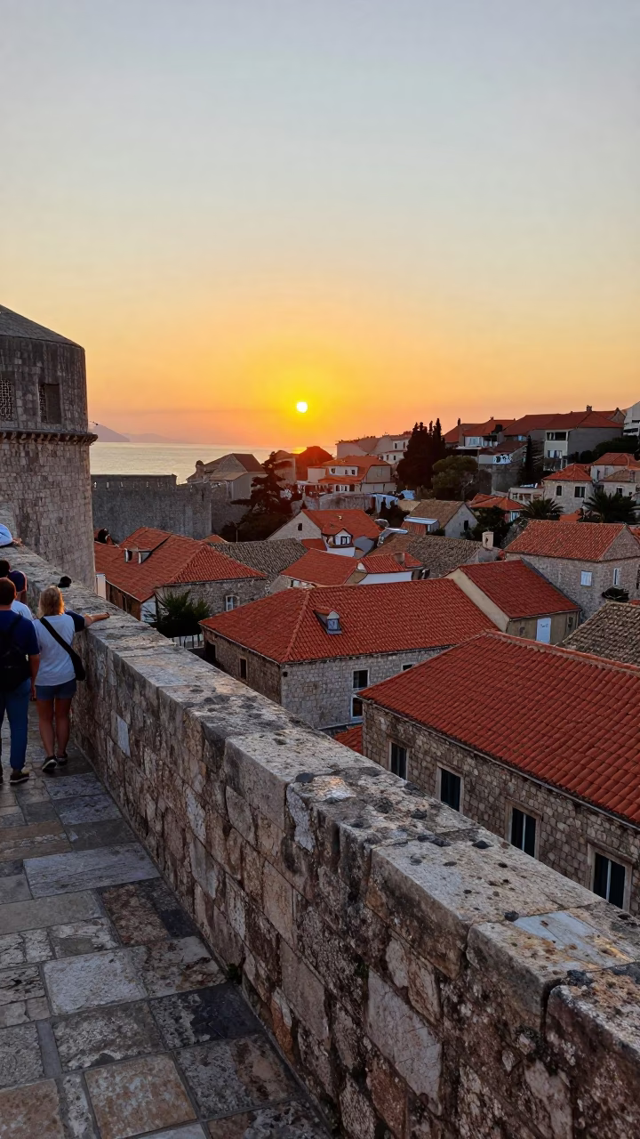 Dubrovnik Sunset View from Ancient Stone Walls with Tourists and City Architecture in in Dubrovnik, Croatia