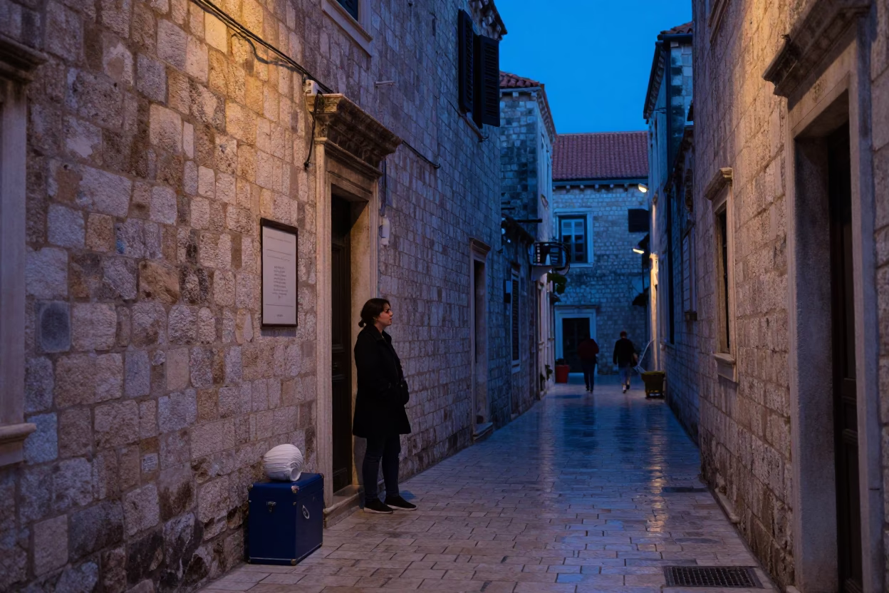 Dubrovnik Twilight Street Scene with Soap Case and Plaster Wall in in Dubrovnik, Croatia