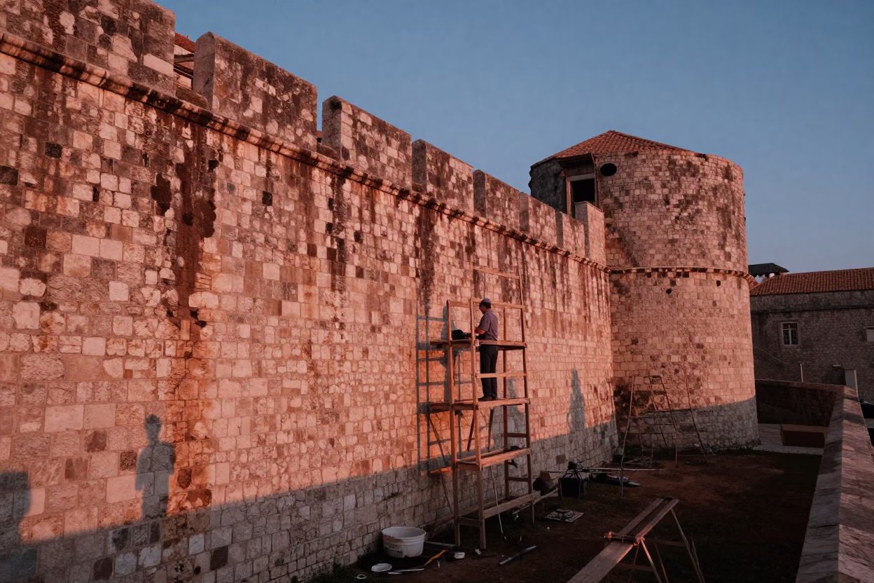 Dubrovnik Wall Restoration at Copper-toned Light Before Dusk in in Dubrovnik, Croatia
