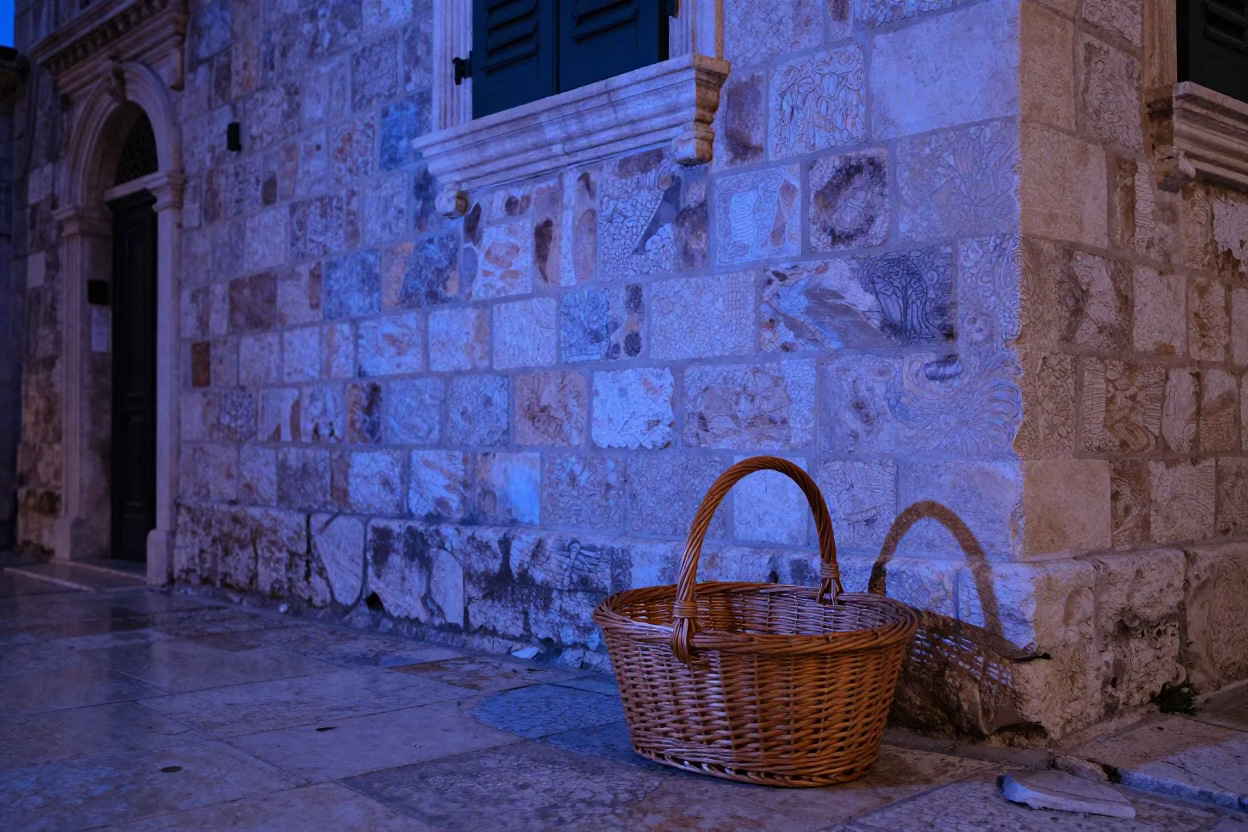 Dubrovnik Wicker Basket at The Last Blue Light Of Evening in in Dubrovnik, Croatia