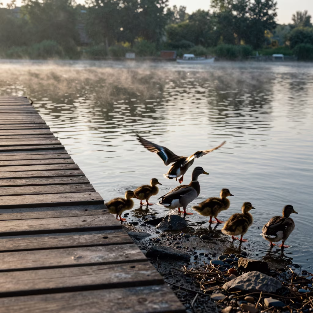 Duck Family on Shymkent Pond at Dawn in near a riverside landing in Shymkent