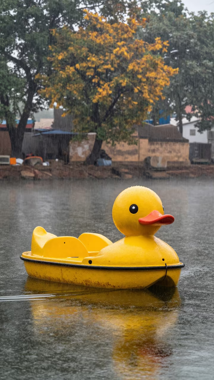 Duck Pedal Boat Floating Upward in Rajasthan Fog in beside a fogbound harbor mouth in Rajasthan
