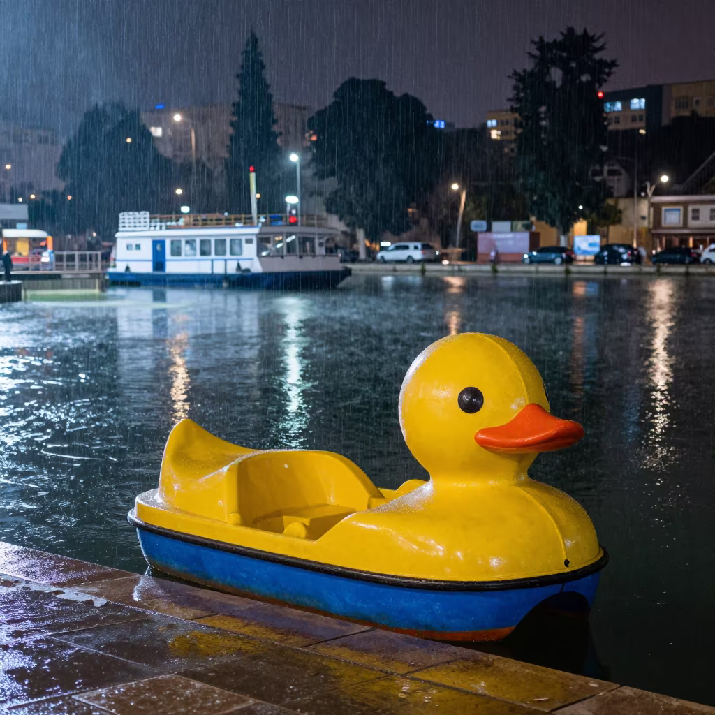 Duck Pedal Boat on Ramallah Ferry Pond at Night in across a remote ferry crossing near Ramallah