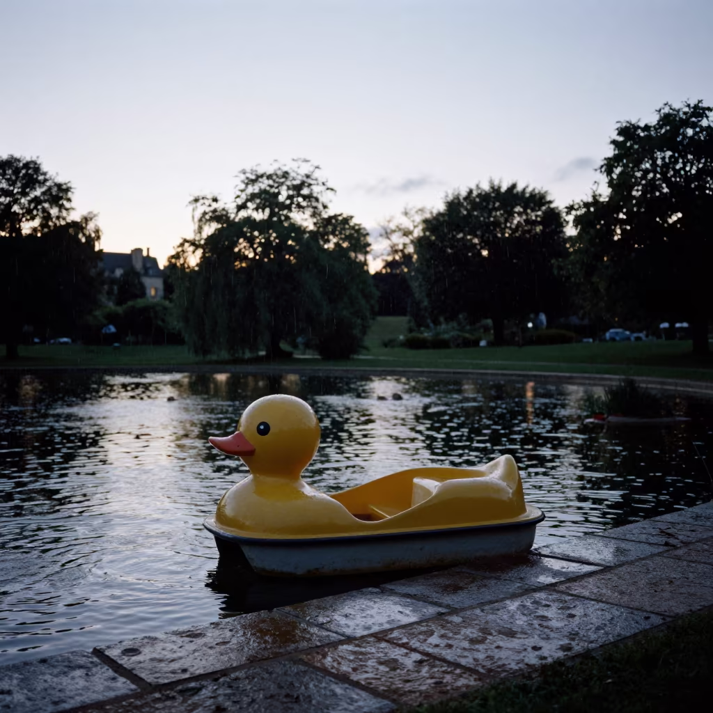 Duck Pedal Boat Silhouette on Burgundy Causeway in on a wind-open causeway in Burgundy