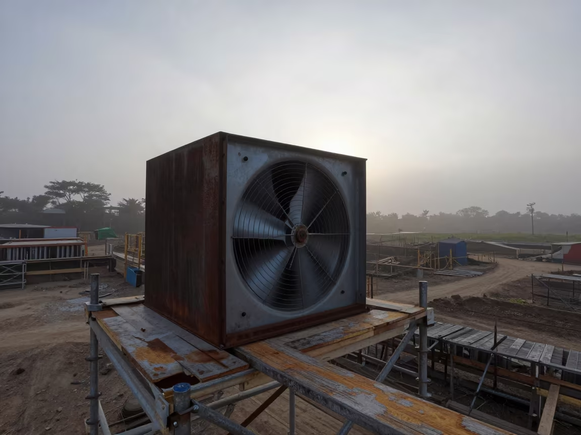 Duct Fan Crate on Grenada Scaffold Dawn in along a scaffolded facade in Grenada