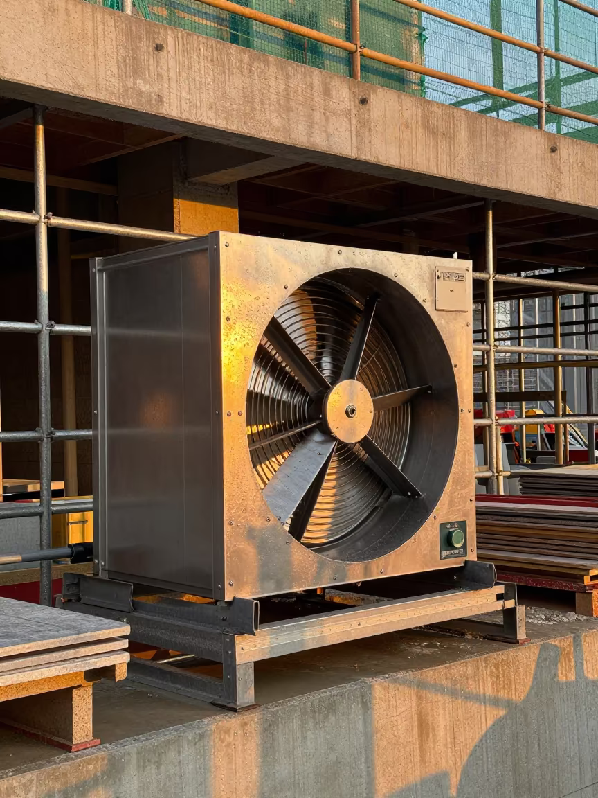 Duct Fan Crate on Kanto Scaffold at Golden Hour in along a scaffolded facade in Kanto