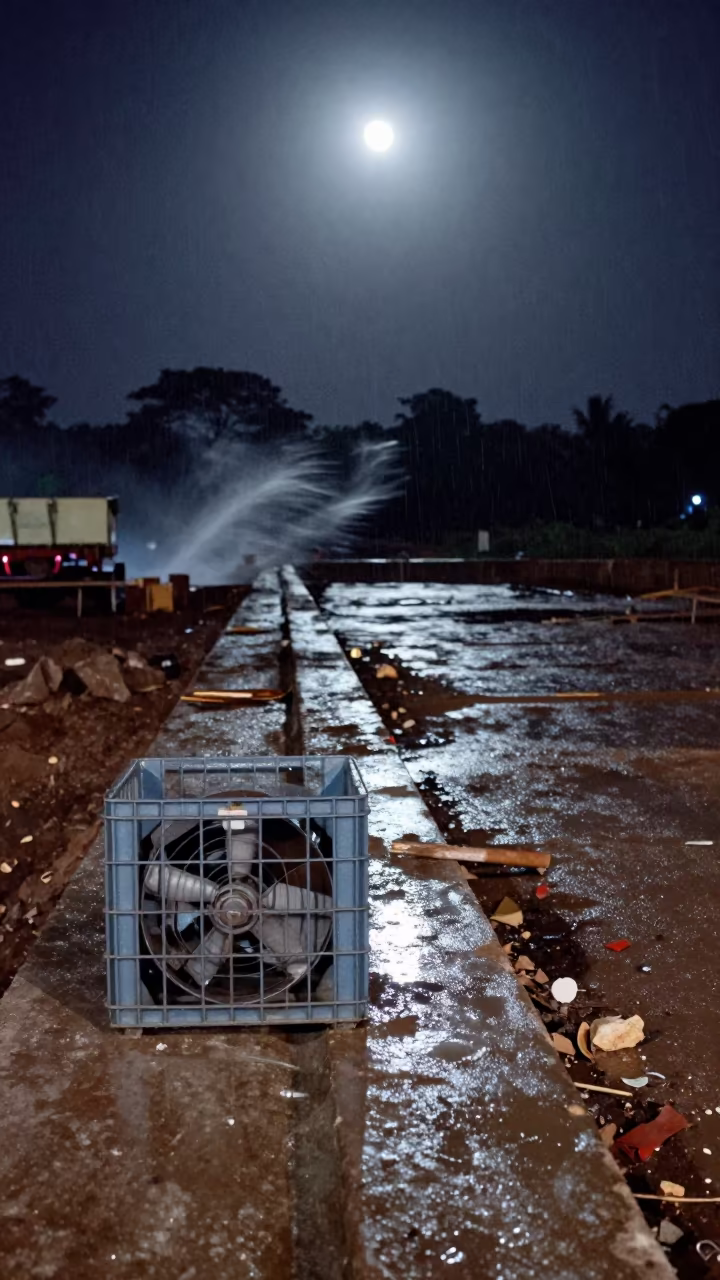Duct Fan Crate in Monsoon Night Goa in inside a taped-off excavation edge in Goa