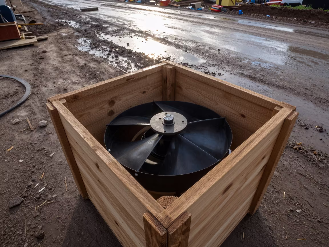 Duct Fan Crate on Muddy Road Athens in at a muddy site access road near Athens