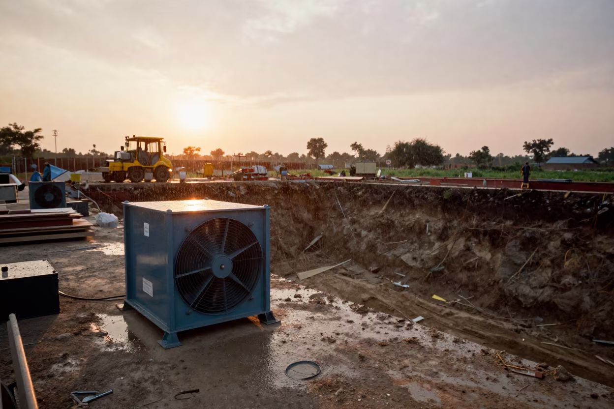 Duct Fan Crate at Sunset in Haryana Construction in inside a taped-off excavation edge in Haryana