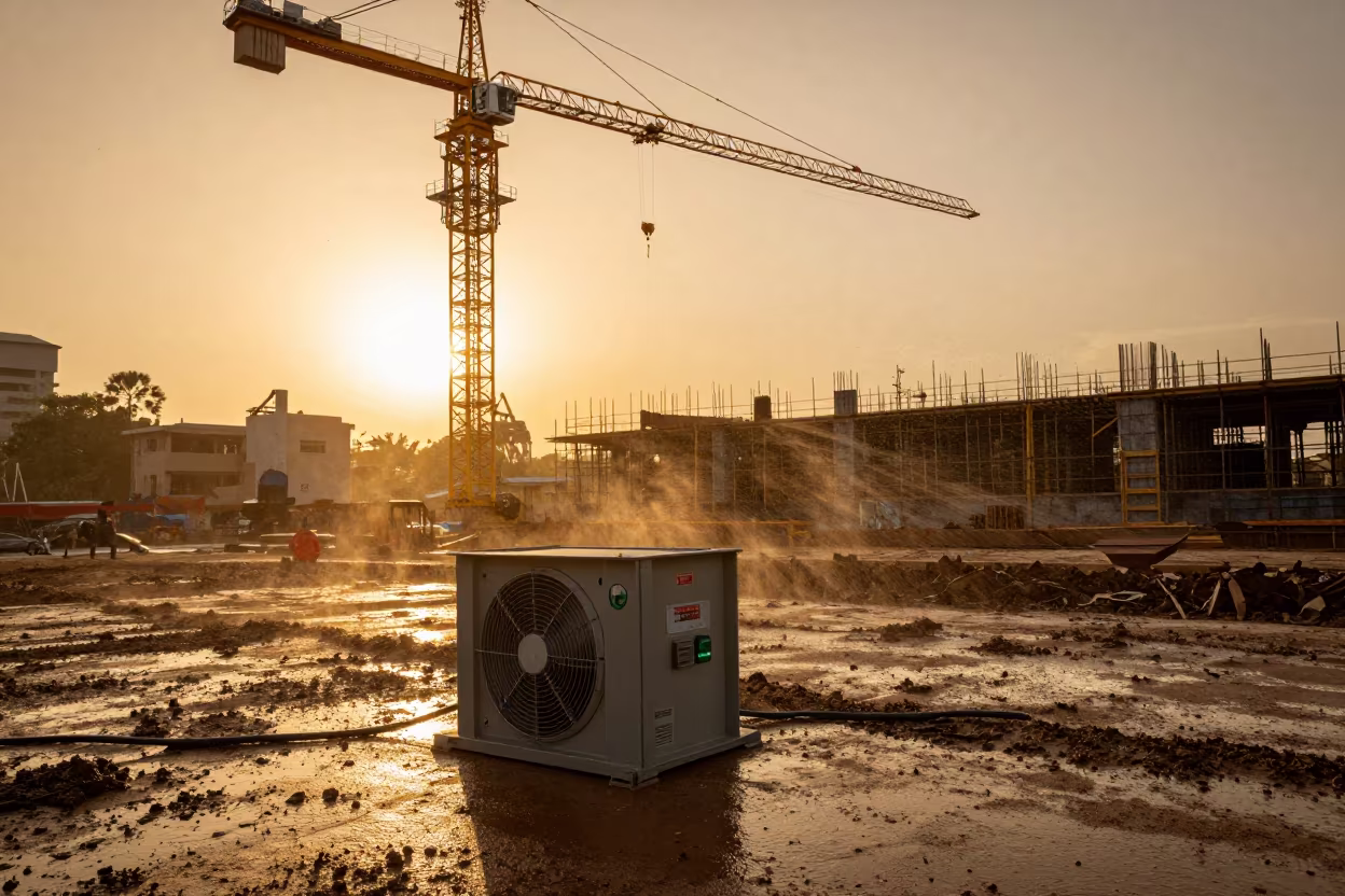 Duct Fan Crate Under Tower Crane at Sunset in beneath a tower crane on open ground near Rufisque