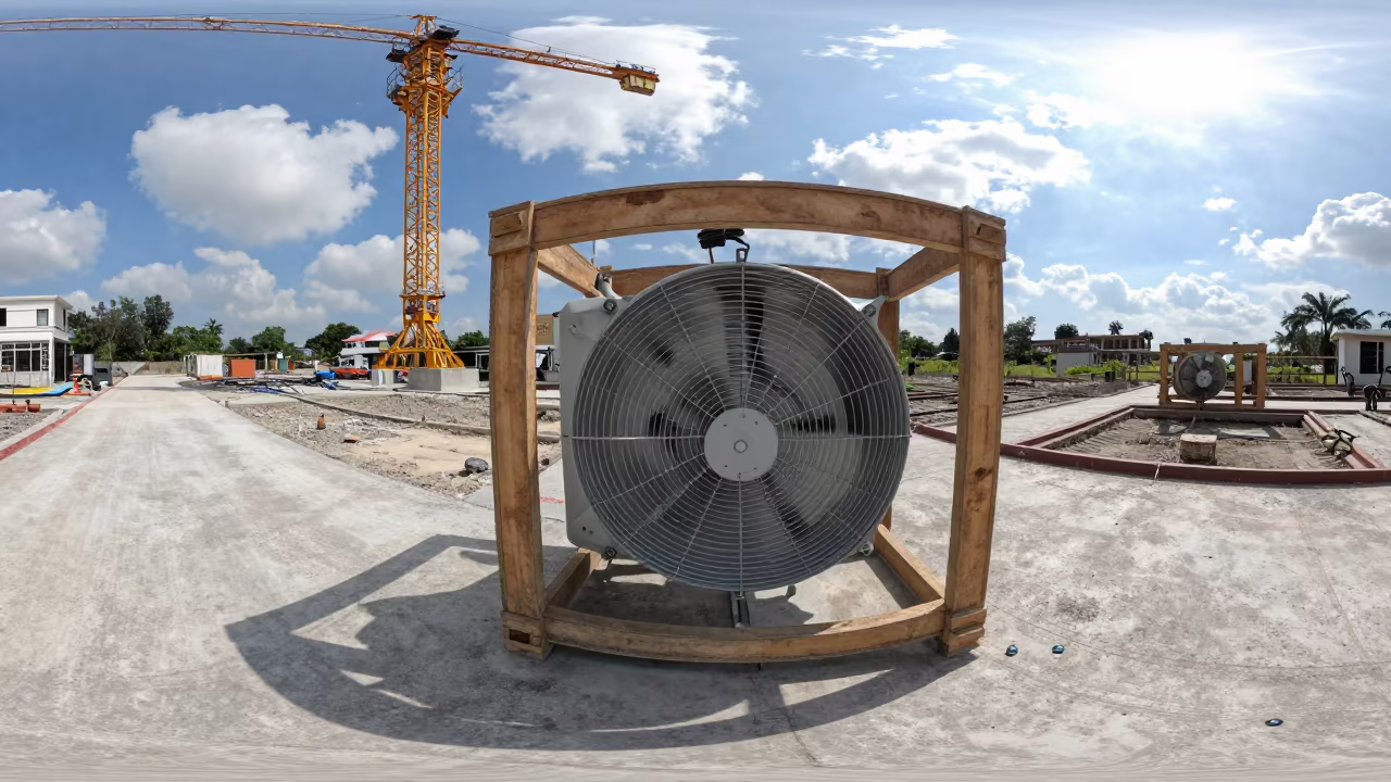 Duct Leakage Fan Crate Under Tower Crane Philippines in beneath a tower crane on open ground in Philippines
