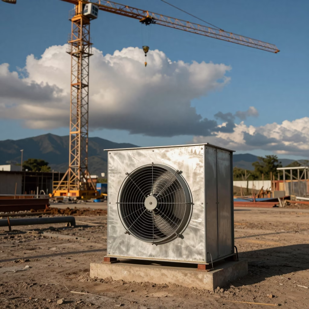 Duct Leakage Fan Crate Under Tower Crane in beneath a tower crane on open ground in Cumaná